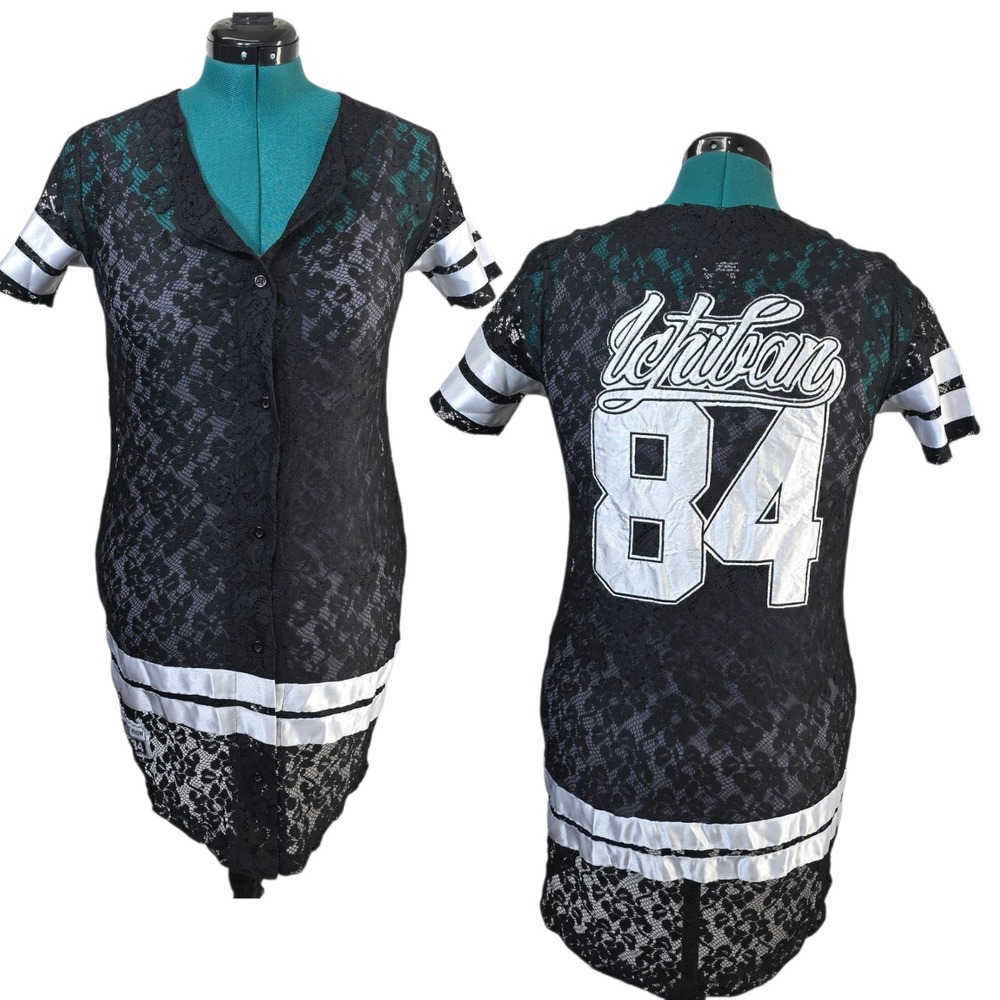 Ichiban Jersey Dress Womens Small Black Lace Sheer Sporty 84 Graphic Streetwear